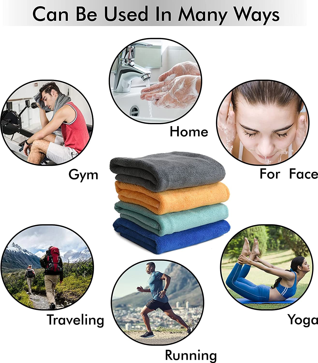 EZ LIVING Super Soft Microfiber Hand Towels, Gym & Workout Towels 400 GSM, Multicolour 8, Set of 4
