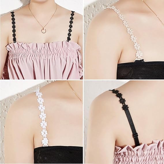 EZ LIVING 2 Pairs Lace Flower Bra Straps, Adjustable Non-Slip Bra Shoulder Straps for Women Girls Tops Dress White and Black
