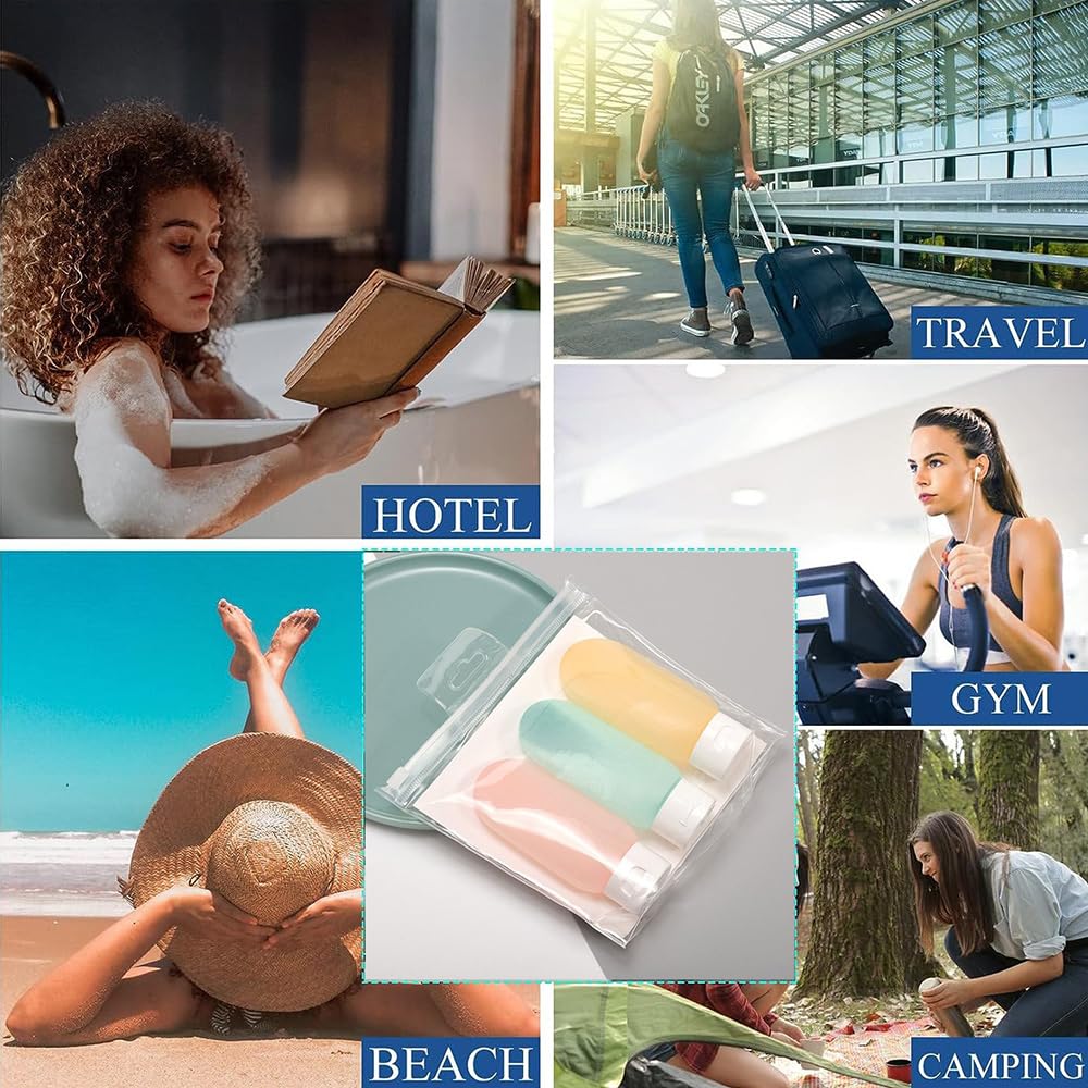 EZ LIVING Travel Toiletry Bottles Kit - 3Pcs 60Ml Leak Proof Refillable Silicone Squeeze Containers for Toiletries - Multicolor