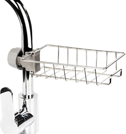 EZ LIVING Stainless Steel Adjusting Multifunctional Over Kitchen Sink Caddy Clamp Faucet Sponge Scrubber Holder Storage Hanging Shelf Draining Bathroom Tap Shampoo Soap Organizer Rack (Pack of 1)