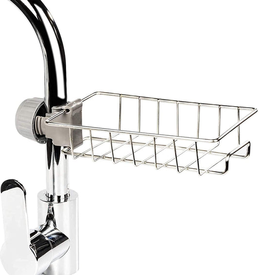 EZ LIVING Stainless Steel Adjusting Multifunctional Over Kitchen Sink Caddy Clamp Faucet Sponge Scrubber Holder Storage Hanging Shelf Draining Bathroom Tap Shampoo Soap Organizer Rack (Pack of 1)