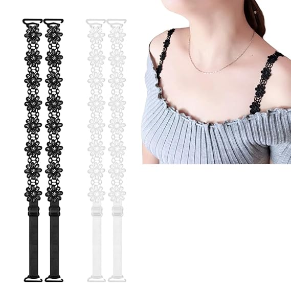 EZ LIVING 2 Pairs Lace Flower Bra Straps, Adjustable Non-Slip Bra Shoulder Straps for Women Girls Tops Dress White and Black
