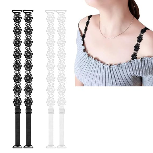 EZ LIVING 2 Pairs Lace Flower Bra Straps, Adjustable Non-Slip Bra Shoulder Straps for Women Girls Tops Dress White and Black