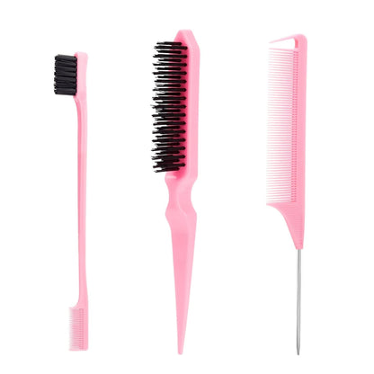 EZ LIVING 3 Pieces Slick Back Hair Brush Set with Edge | Bristle Hair Brush | Rat Tail Comb, Teasing Brush Set for Smoothing Baby Hair & Flyaways (Pink)