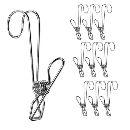 EZ LIVING 10 Pcs 304 Stainless Steel Metal Long Tail Clip With Hooks Clothes Pins Hanging Universal Clips For Kitchen Bathroom Office