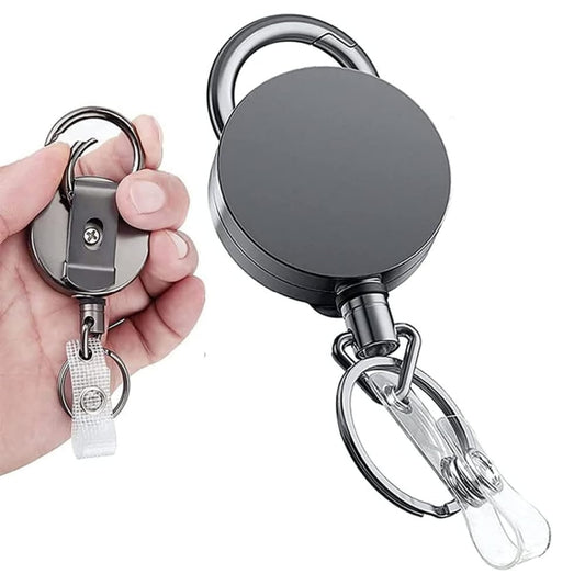 EZ LIVING Retractable Badge Holder Heavy Duty Badge Reels Id Holder Badge Holder Keychain All Metal Casing Steel Wire Cord, Reinforced Id Strap with Belt Clip Key Ring for Name Card Black