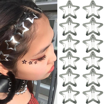 EZ LIVING 12 PCS 1.61" Star Hair Clips Snap Hair Barrettes Non Slip Star Hair Accessories for Girls Women 2000s Y2K Silver Metal Hair Clips