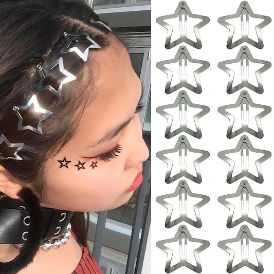 EZ LIVING 12 PCS 1.61" Star Hair Clips Snap Hair Barrettes Non Slip Star Hair Accessories for Girls Women 2000s Y2K Silver Metal Hair Clips