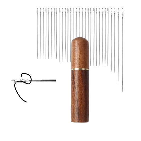 EZ LIVING Self Threading Needles 30Pcs With Wooden Case - Multiple Sizes for Quilting, Embroidery, Hand Sewing