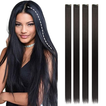 EZ LIVING Straight One Color Hair Streak, 4pcs Hair Extensions, Hair Colour Strips, Artificial Hair For Women, Hair Wig For Women And Girls (Black)