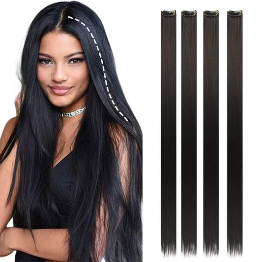 EZ LIVING Straight One Color Hair Streak, 4pcs Hair Extensions, Hair Colour Strips, Artificial Hair For Women, Hair Wig For Women And Girls (Black)