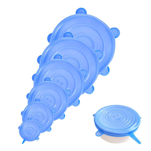EZ LIVING 6pcs Silicone Stretch Lids Silicone Food Covers Reusable Food Lids Fit All Round Containers, Cups, Plates and Bowls, 6 Sizes (Blue)