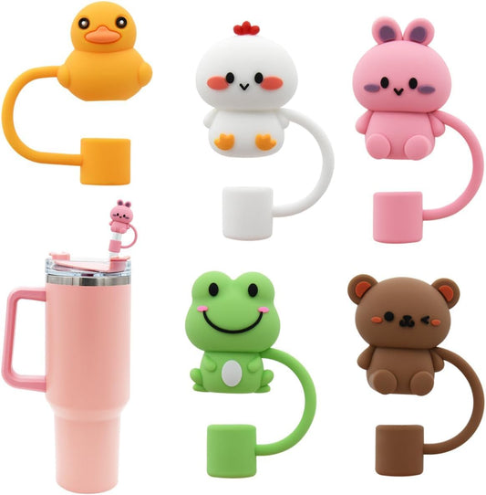 EZ LIVING 5Pcs Animal Shape Straw Cover Cap for Stanley Cup, Silicone Topper Compatible With 30&40 Oz Tumbler With Handle, 10mm 0.4in Dust-Proof Reusable Tips Lids