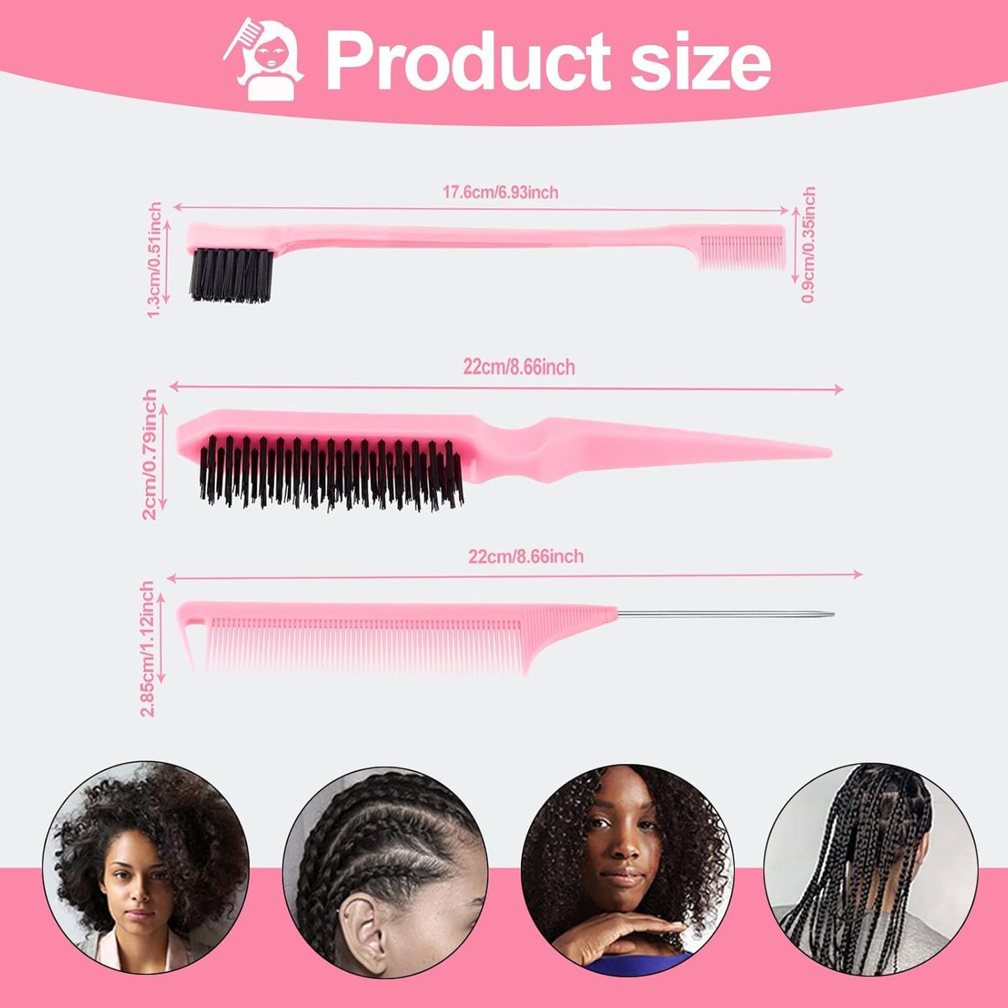EZ LIVING 3 Pieces Slick Back Hair Brush Set with Edge | Bristle Hair Brush | Rat Tail Comb, Teasing Brush Set for Smoothing Baby Hair & Flyaways (Pink)