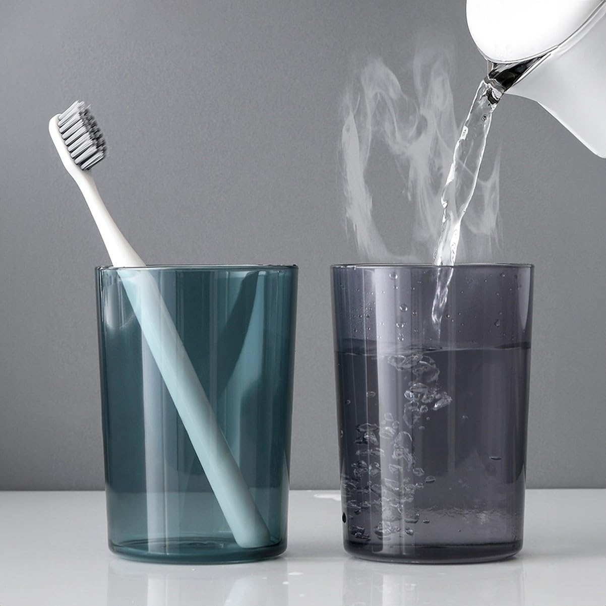 EZ LIVING Toothbrush Holder Cup Glass (Set of 2 Pcs) Plastic Stand for Toothpaste, Comb, Brush, Cream, Lotion Kids Bathroom Cup Waterproof, Transparent Red & Blue