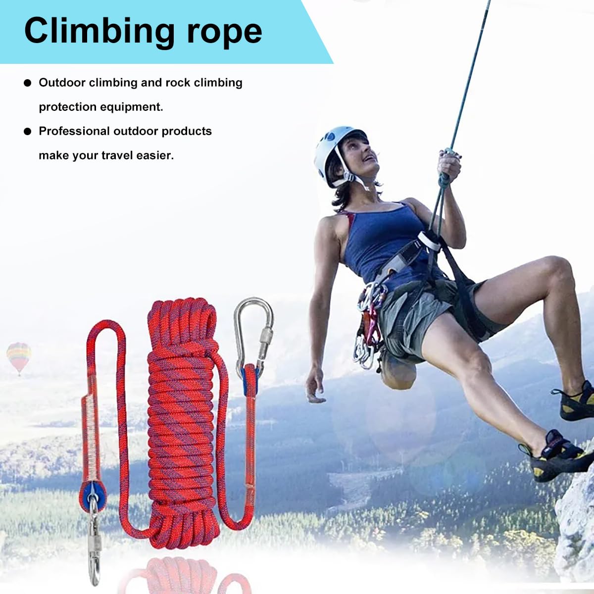 EZ LIVING Static Outdoor Climbing Rope with 2 Hooks, 49FT Rappelling Rope for Travel, Hiking Safety Escape Rope, Outdoor, Mountaineering, Hauling
