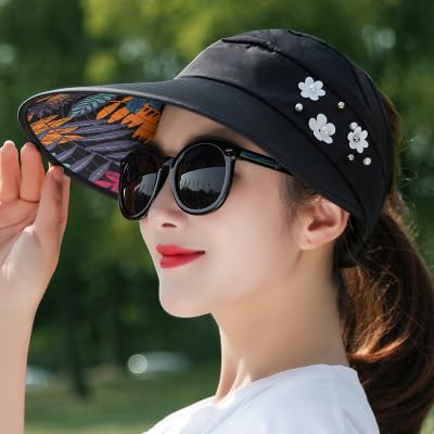 EZ LIVING Sun Visor Hats for Women UV Protection Wide Brim Summer Cap for Girls Hat UV Protection Breathable Casual Beach Hat, Sun Protection Cap for Women (Black).