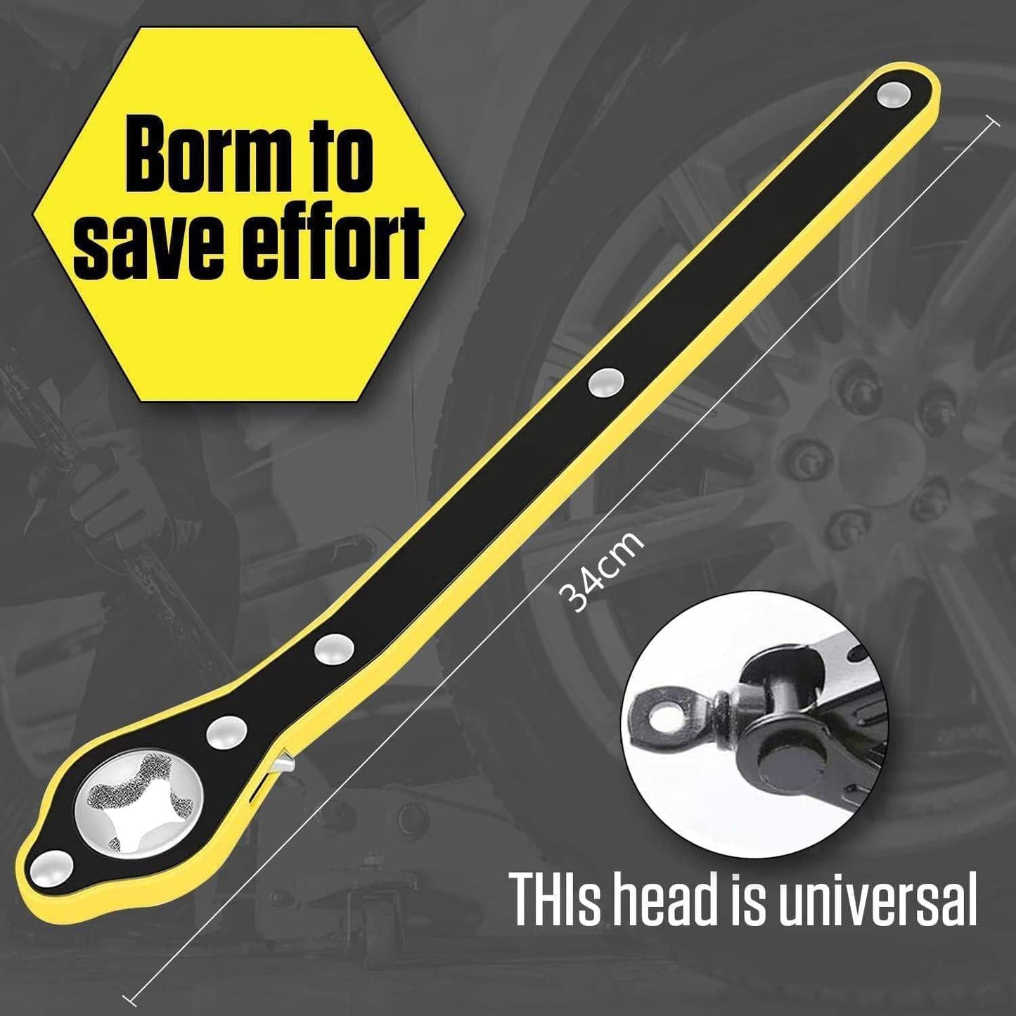EZ LIVING Universal Ratchet Scissor Jack Handle Wrench – 13.4" Car Jack Crank Tool with Socket Adapter | Durable Steel Tire Lift Repair Tool for Vehicle, SUV, Trailer, Van, and RV – Yellow & Black