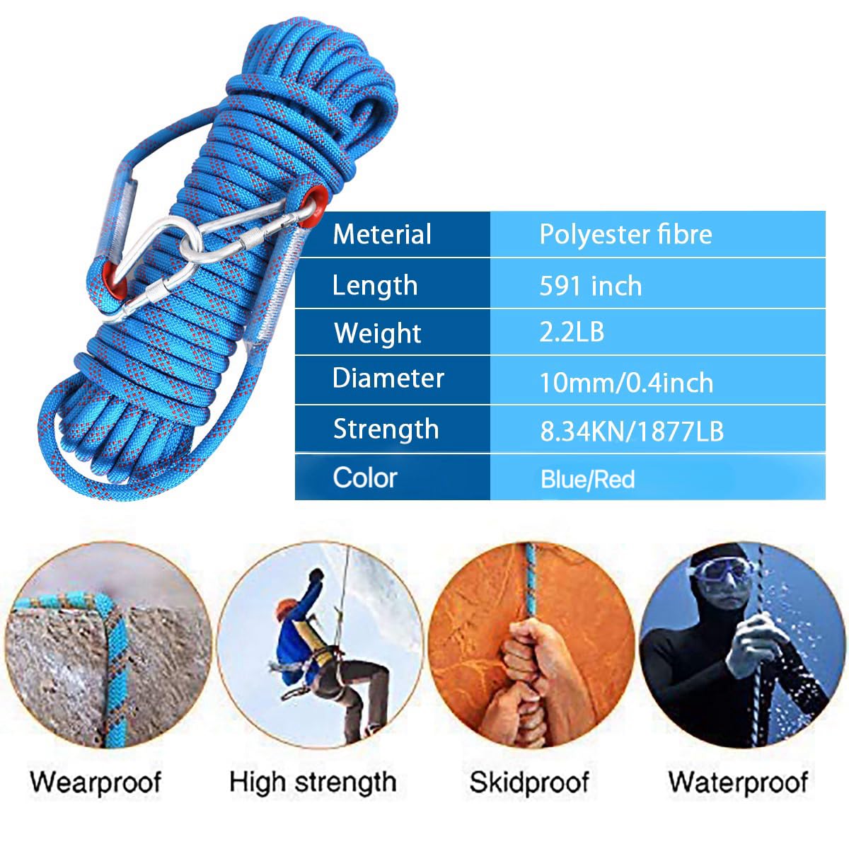 EZ LIVING Static Outdoor Climbing Rope with 2 Hooks, 49FT Rappelling Rope for Travel, Hiking Safety Escape Rope, Outdoor, Mountaineering, Hauling