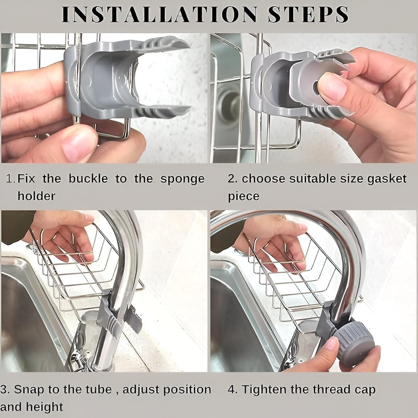 EZ LIVING Stainless Steel Adjusting Multifunctional Over Kitchen Sink Caddy Clamp Faucet Sponge Scrubber Holder Storage Hanging Shelf Draining Bathroom Tap Shampoo Soap Organizer Rack (Pack of 1)