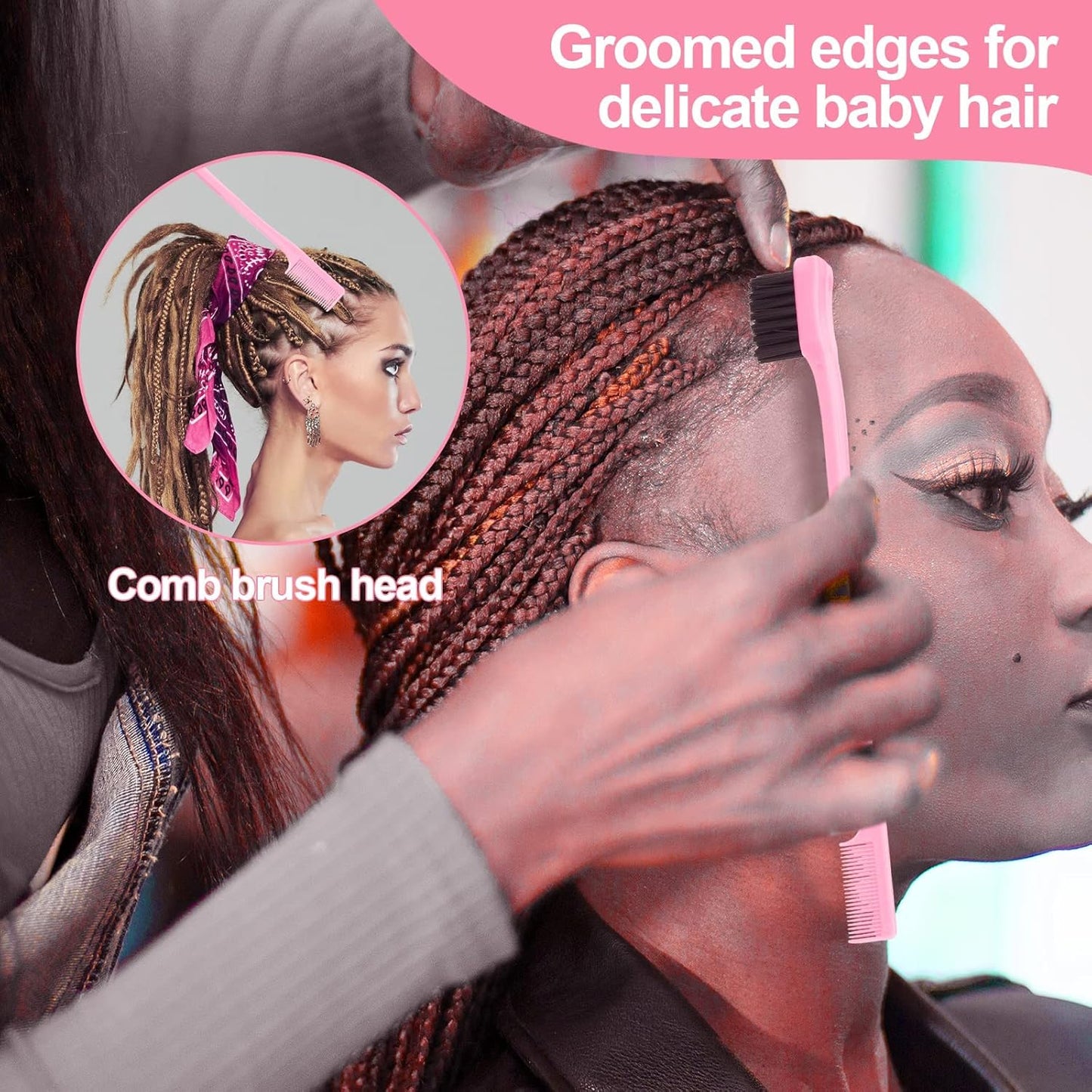 EZ LIVING 3 Pieces Slick Back Hair Brush Set with Edge | Bristle Hair Brush | Rat Tail Comb, Teasing Brush Set for Smoothing Baby Hair & Flyaways (Pink)