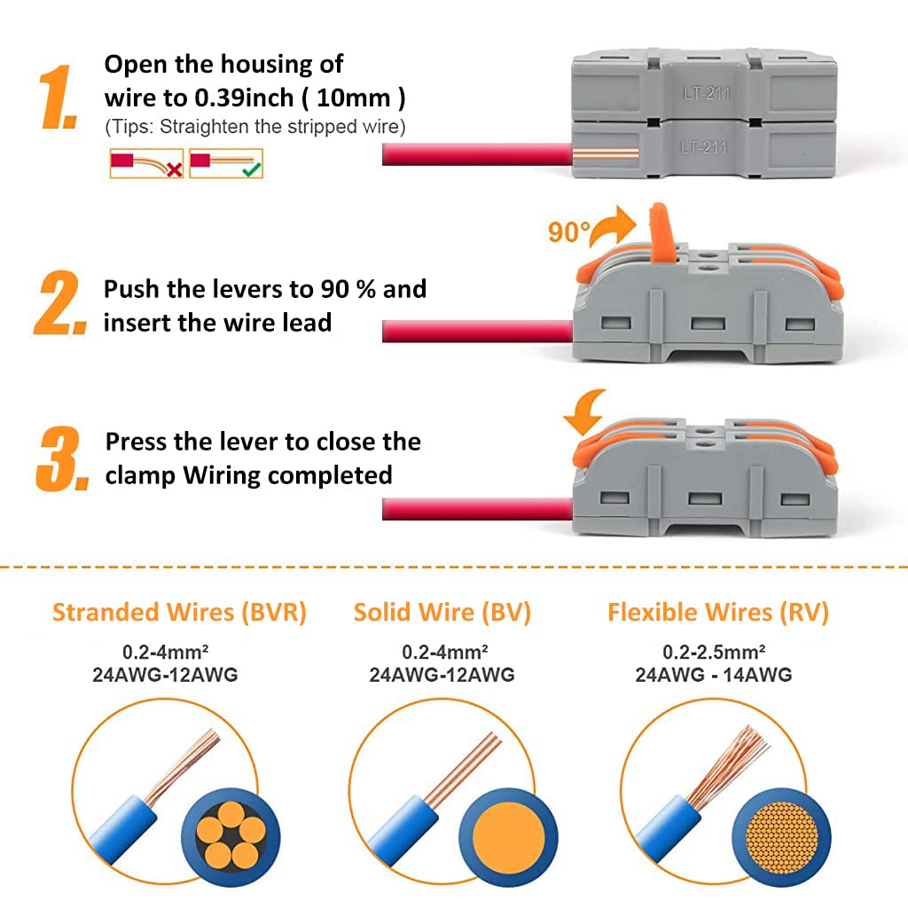 EZ LIVING Wire Connector, 60Pcs Universal Connection Terminals, Circuit Inline Splices Electric Connectors, SPL-1 Clamp with Actuation Lever, 4 mm² Conductor Clamp, Quick & Freely Assemble