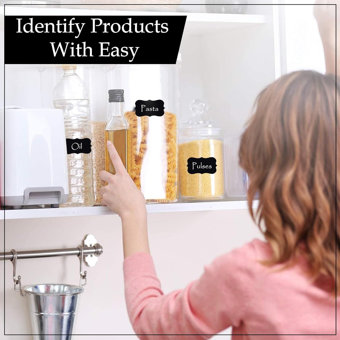 EZ LIVING 100 Piece Waterproof Vinyl Black Labels Stickers for Mason Jar Glass & Plastic Bottles, 100 Labels Piece Stickers with 1 Piece White Pencil, Self-Adhesive Spice