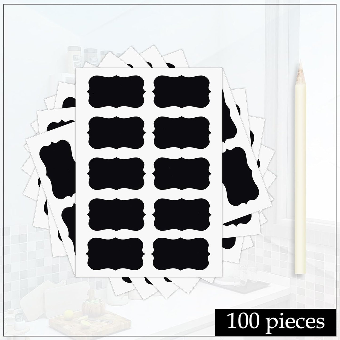 EZ LIVING 100 Piece Waterproof Vinyl Black Labels Stickers for Mason Jar Glass & Plastic Bottles, 100 Labels Piece Stickers with 1 Piece White Pencil, Self-Adhesive Spice