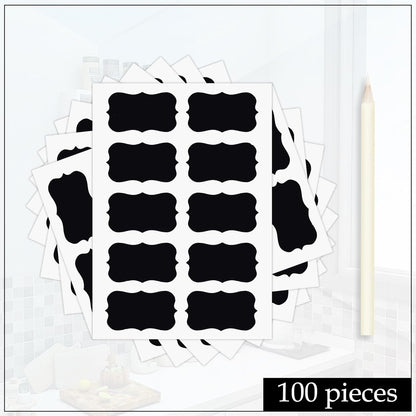 EZ LIVING 100 Piece Waterproof Vinyl Black Labels Stickers for Mason Jar Glass & Plastic Bottles, 100 Labels Piece Stickers with 1 Piece White Pencil, Self-Adhesive Spice
