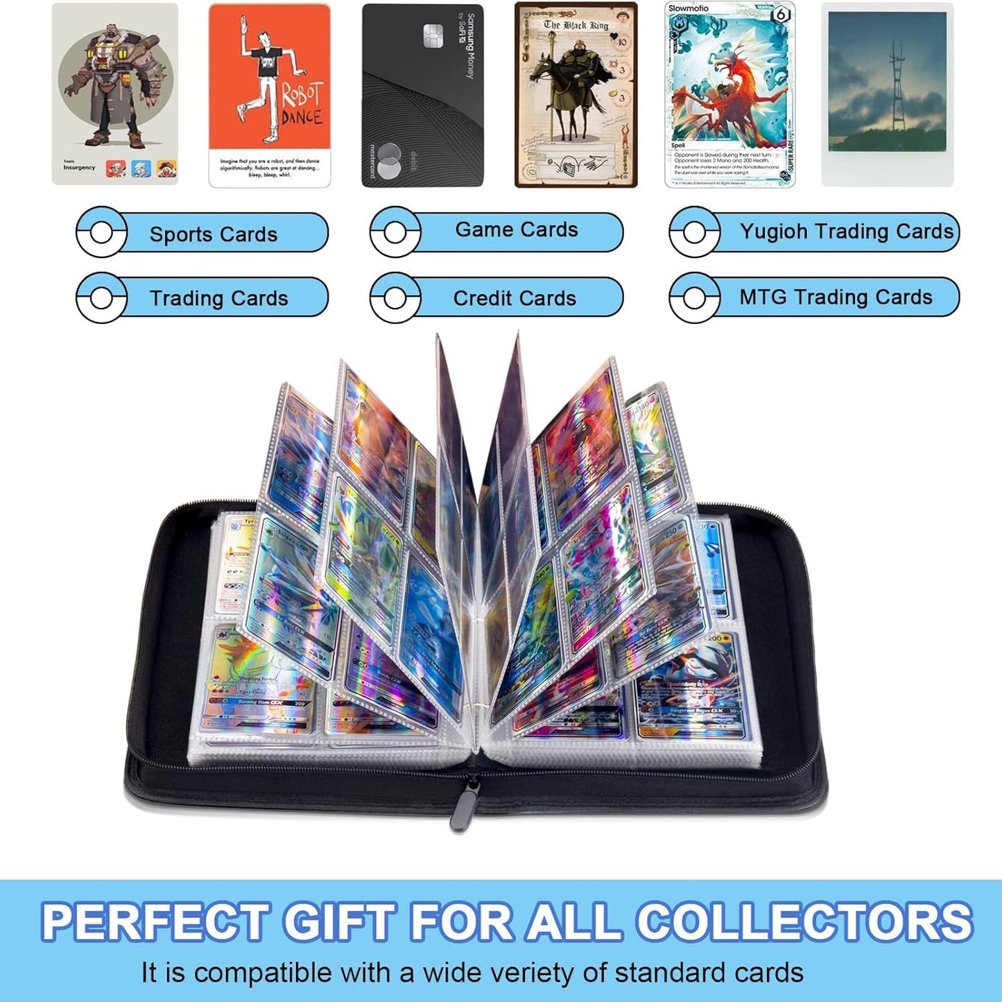 EZ LIVING 4 Pocket Card Binder Premium Zipper Bag Trading Card Binder 400 Double Sided Pocket PU Card Collection Binder Collector Card Album Card Folder for MTG, TCG, Sports Cards, Game Cards (Black)