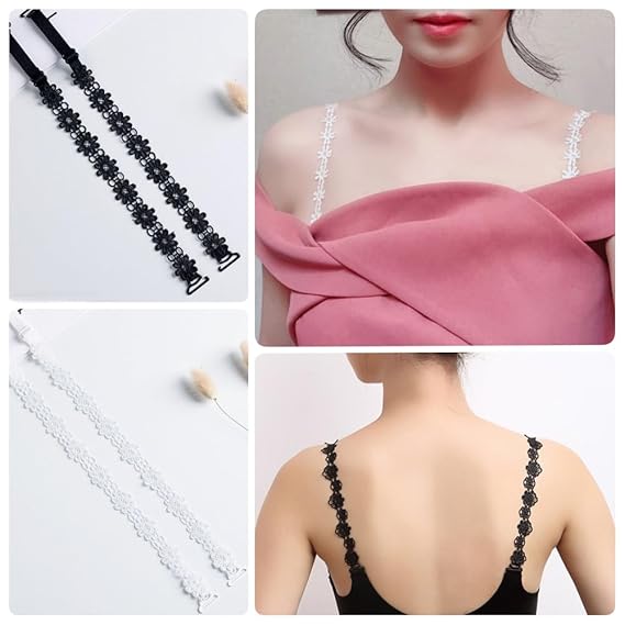 EZ LIVING 2 Pairs Lace Flower Bra Straps, Adjustable Non-Slip Bra Shoulder Straps for Women Girls Tops Dress White and Black