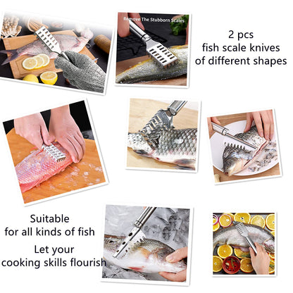 EZ LIVING 2PCS Fish Scale Remover Scraper Cleaning Tools Skin Remover Stainless Steel Sawtooth Brush Machine for Kitchen Scaler Cutting Knife