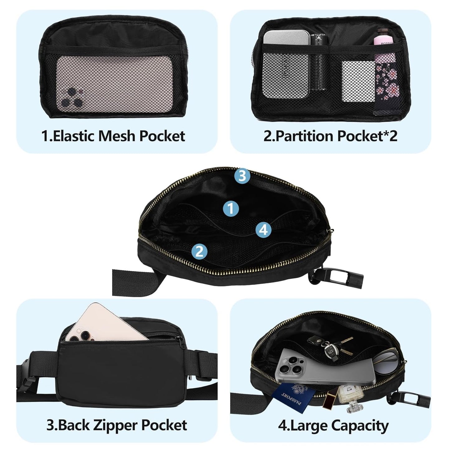 EZ LIVING Waist Belt Bag Fashion Fanny Women and Men Gift Waist Pack with Adjustable Strap for Travel Running Hiking Walking Black