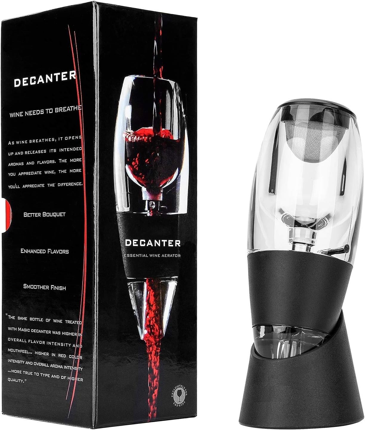 EZ LIVING Wine Aerator Glass Red Wine Decanter Pourer with Base – Elegant Gift Set for Wine Lovers – Perfect for Christmas, New Year Parties & Special Occasions_Black