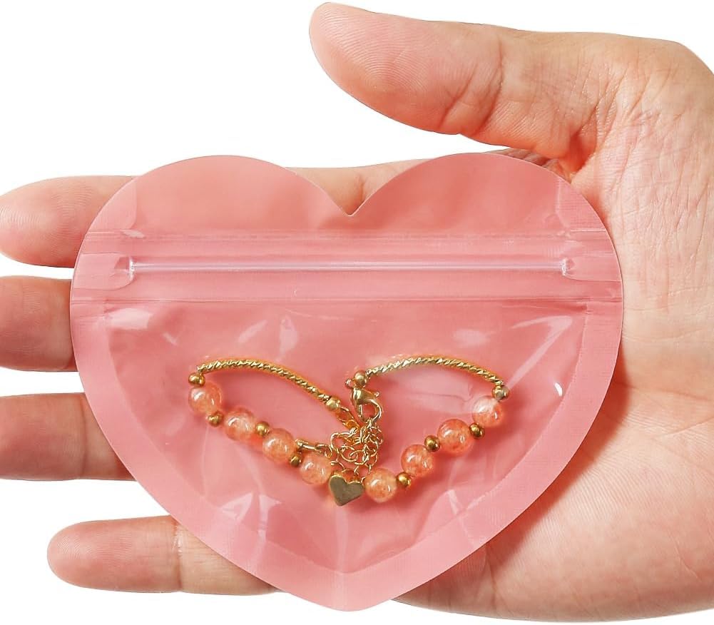 EZ LIVING 100 Pieces Smell Proof Mylar Heart-Shaped Packaging Bags - Clear Resealable Foil Pouch for Lip-Gloss, Jewelry, Eyelash - Small Business Plastic Packaging