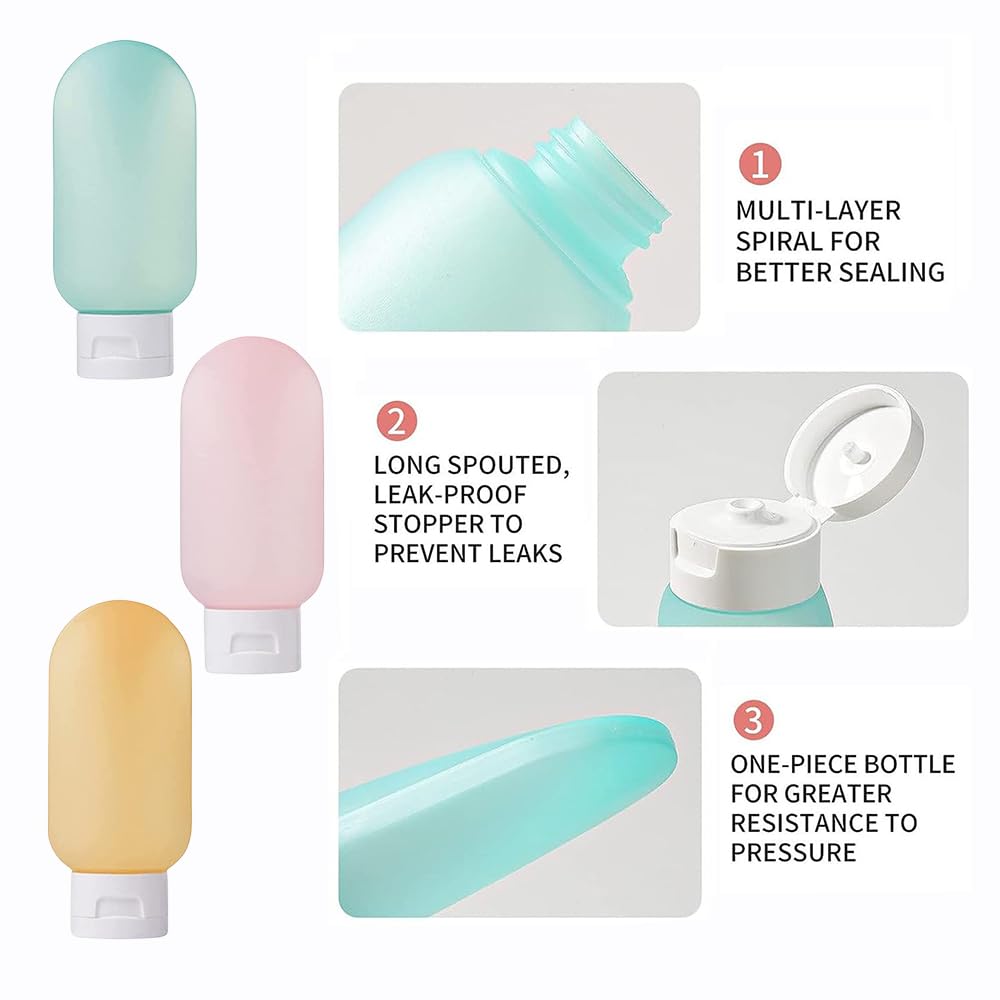 EZ LIVING Travel Toiletry Bottles Kit - 3Pcs 60Ml Leak Proof Refillable Silicone Squeeze Containers for Toiletries - Multicolor