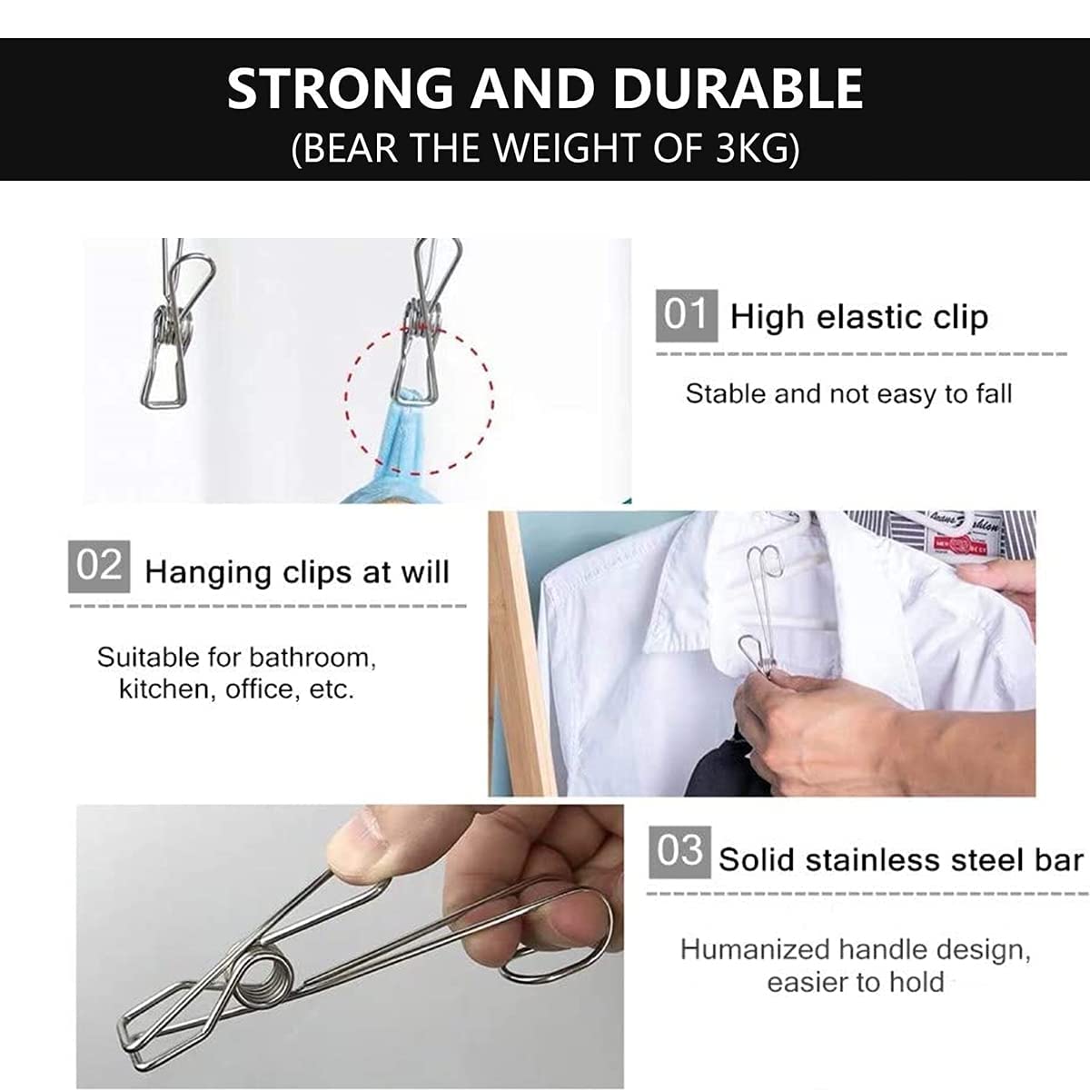 EZ LIVING 10 Pcs 304 Stainless Steel Metal Long Tail Clip With Hooks Clothes Pins Hanging Universal Clips For Kitchen Bathroom Office