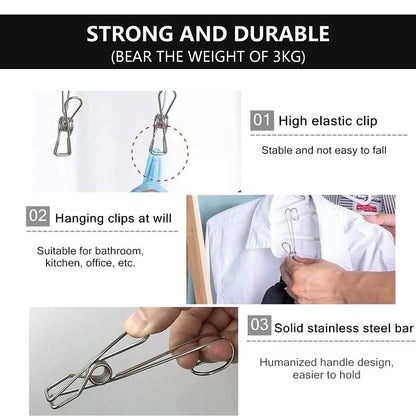 EZ LIVING 10 Pcs 304 Stainless Steel Metal Long Tail Clip With Hooks Clothes Pins Hanging Universal Clips For Kitchen Bathroom Office