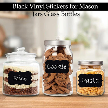 EZ LIVING 100 Piece Waterproof Vinyl Black Labels Stickers for Mason Jar Glass & Plastic Bottles, 100 Labels Piece Stickers with 1 Piece White Pencil, Self-Adhesive Spice