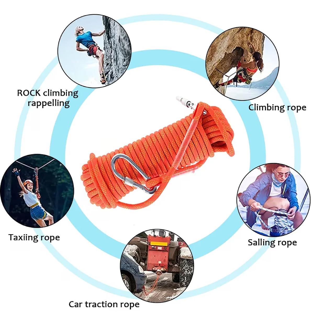 EZ LIVING Static Outdoor Climbing Rope with 2 Hooks, 49FT Rappelling Rope for Travel, Hiking Safety Escape Rope, Outdoor, Mountaineering, Hauling