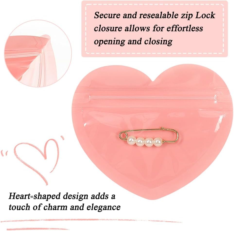 EZ LIVING 100 Pieces Smell Proof Mylar Heart-Shaped Packaging Bags - Clear Resealable Foil Pouch for Lip-Gloss, Jewelry, Eyelash - Small Business Plastic Packaging