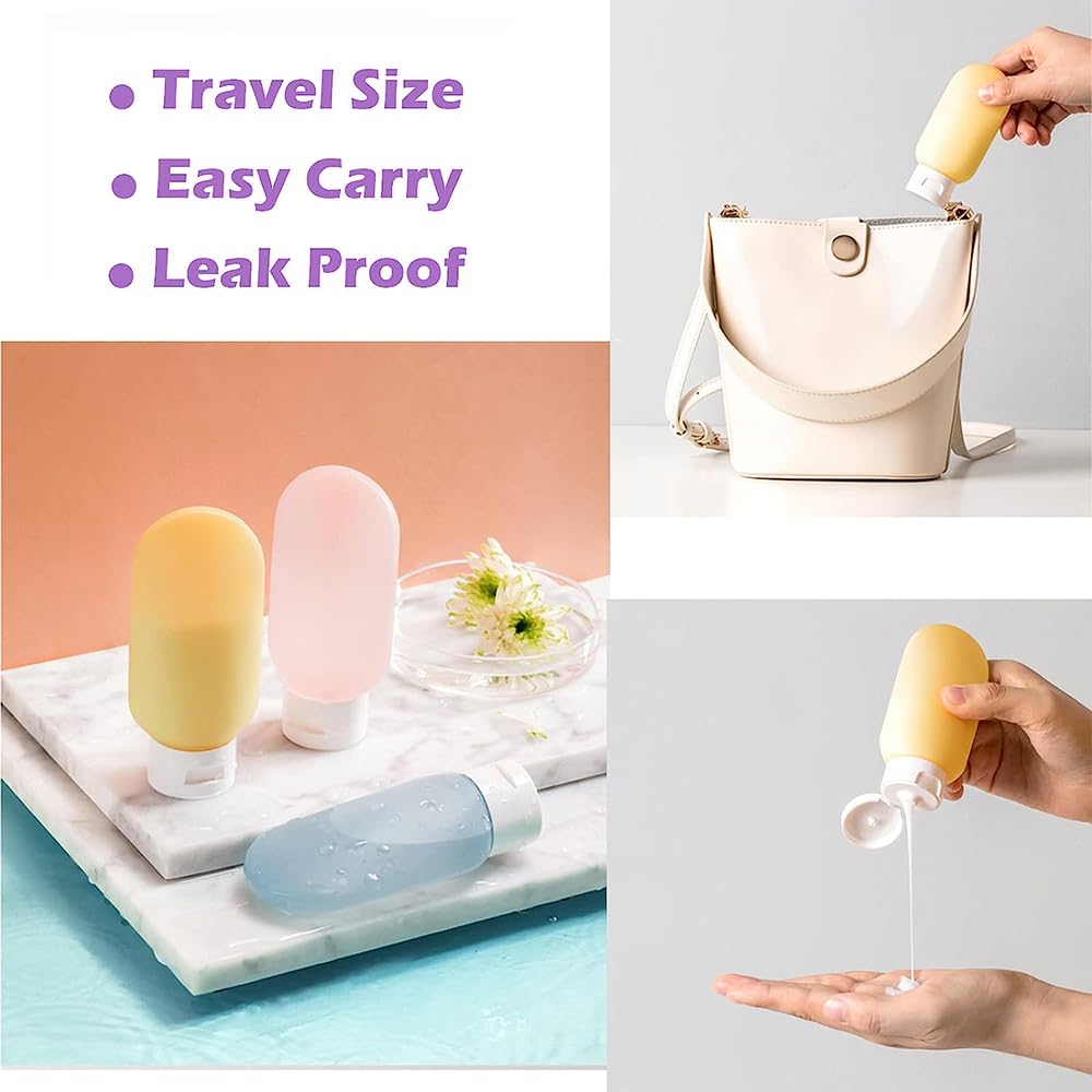 EZ LIVING Travel Toiletry Bottles Kit - 3Pcs 60Ml Leak Proof Refillable Silicone Squeeze Containers for Toiletries - Multicolor