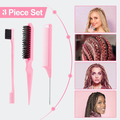 EZ LIVING 3 Pieces Slick Back Hair Brush Set with Edge | Bristle Hair Brush | Rat Tail Comb, Teasing Brush Set for Smoothing Baby Hair & Flyaways (Pink)
