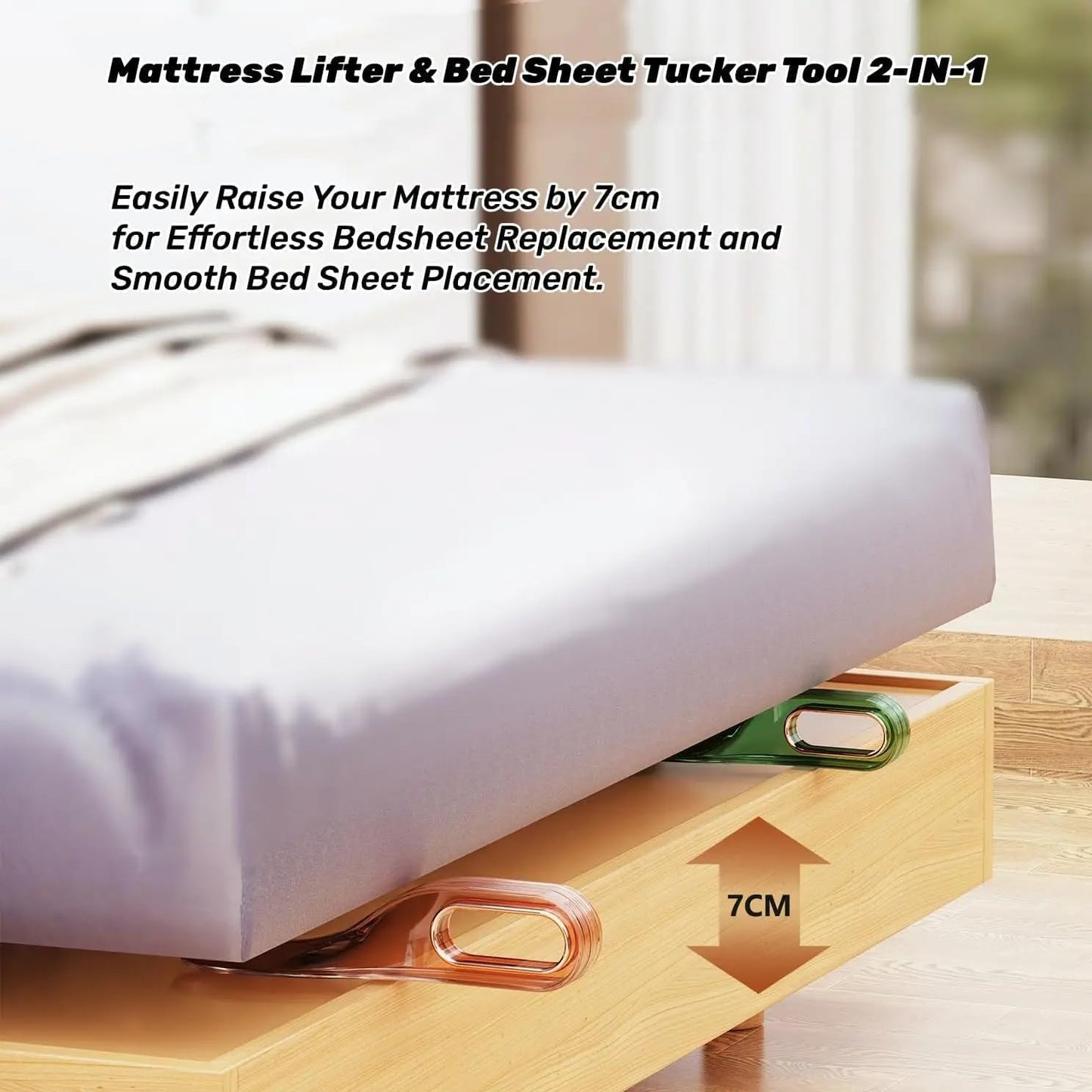 EZ LIVING 2 in 1 Mattress Lifter Stand & New Bed sheet Tucker Tool (Pack of 2) Durable and Efficient/Ergonomic Handle/Relieves Back Pain/Easy Bed Making Tool Can Tuck Sheets/Holds Mattress Wedge Elevator