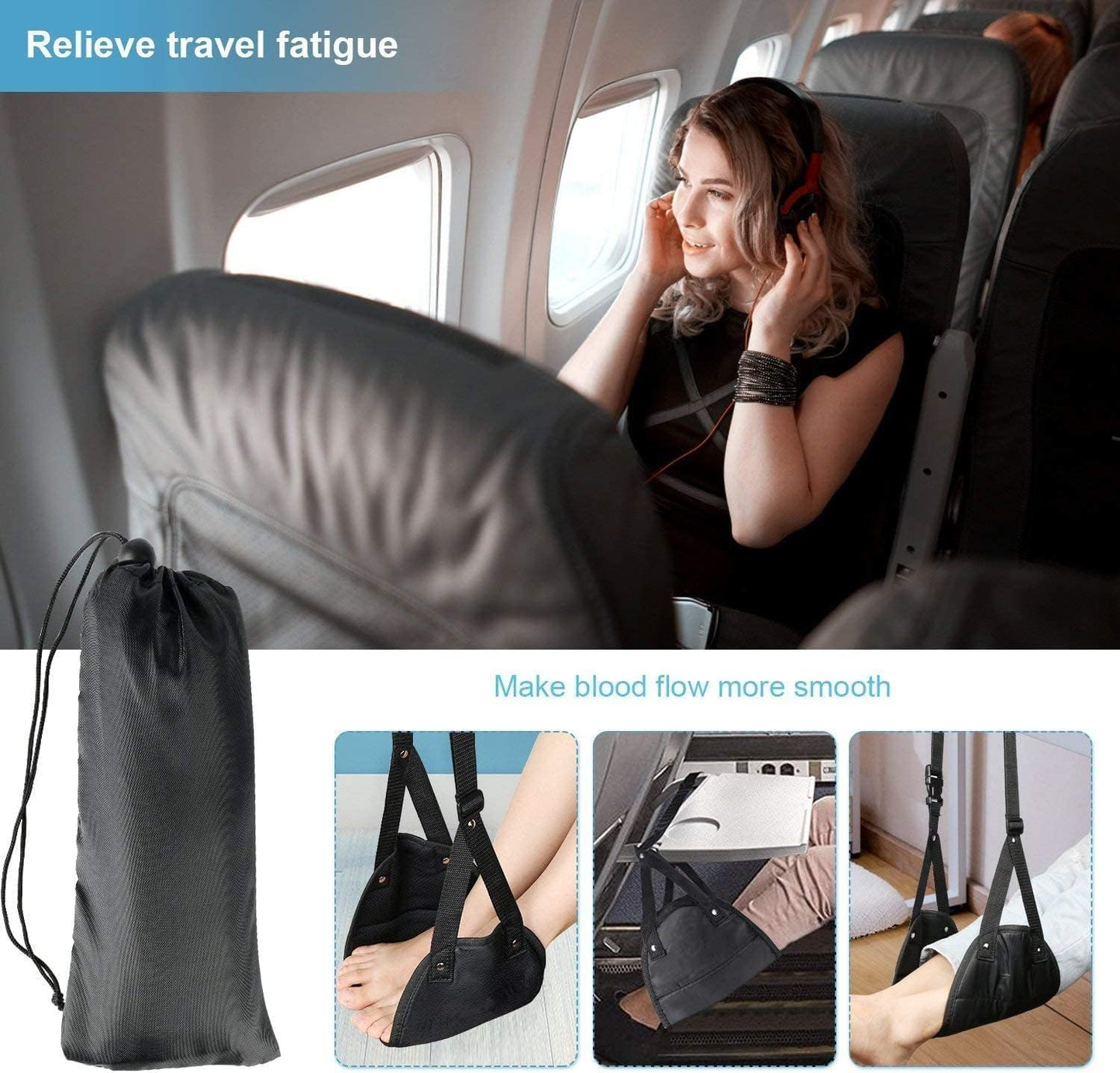 EZ LIVING Airplane Foot Hammock Foot Rest for Flight With Storage Bag - Portable Folding Travel Footrest for Planes, Office, Under Desk