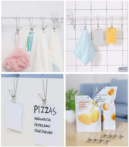 EZ LIVING 10 Pcs 304 Stainless Steel Metal Long Tail Clip With Hooks Clothes Pins Hanging Universal Clips For Kitchen Bathroom Office