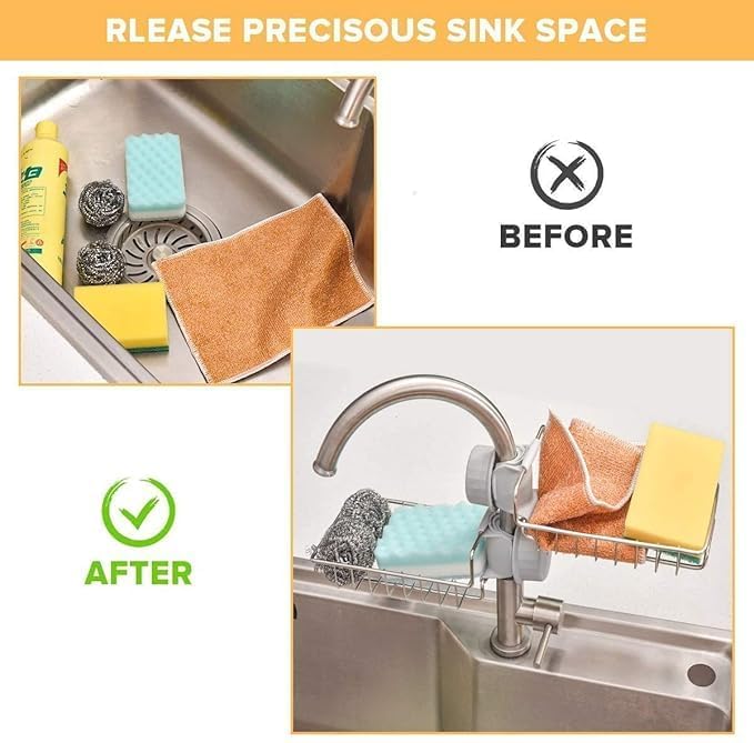 EZ LIVING Stainless Steel Adjusting Multifunctional Over Kitchen Sink Caddy Clamp Faucet Sponge Scrubber Holder Storage Hanging Shelf Draining Bathroom Tap Shampoo Soap Organizer Rack (Pack of 1)