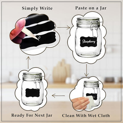 EZ LIVING 100 Piece Waterproof Vinyl Black Labels Stickers for Mason Jar Glass & Plastic Bottles, 100 Labels Piece Stickers with 1 Piece White Pencil, Self-Adhesive Spice