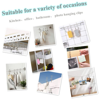 EZ LIVING 10 Pcs 304 Stainless Steel Metal Long Tail Clip With Hooks Clothes Pins Hanging Universal Clips For Kitchen Bathroom Office