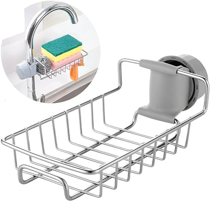 EZ LIVING Stainless Steel Adjusting Multifunctional Over Kitchen Sink Caddy Clamp Faucet Sponge Scrubber Holder Storage Hanging Shelf Draining Bathroom Tap Shampoo Soap Organizer Rack (Pack of 1)